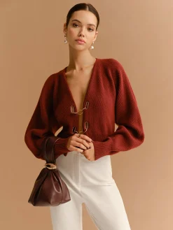 Leg-Of-Mutton Sleeve Metal-Detail Short Cardigan Knitwear|Tops