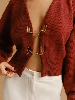 Leg-Of-Mutton Sleeve Metal-Detail Short Cardigan Knitwear|Tops