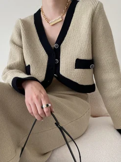 Leisure Contrast Trim Knit Skirt Set Skirt Sets|Long Sleeve Sets