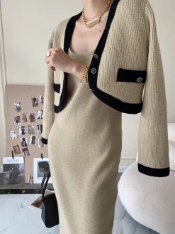 Leisure Contrast Trim Knit Skirt Set Skirt Sets|Long Sleeve Sets