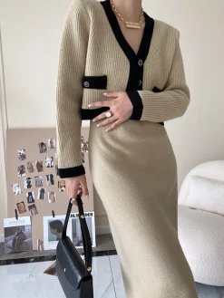 Leisure Contrast Trim Knit Skirt Set Skirt Sets|Long Sleeve Sets