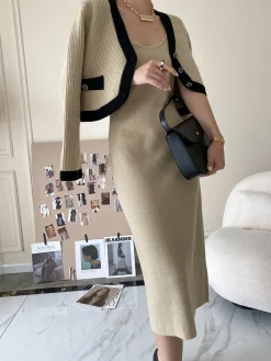 Leisure Contrast Trim Knit Skirt Set Skirt Sets|Long Sleeve Sets