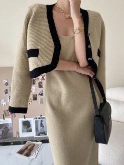 Leisure Contrast Trim Knit Skirt Set Skirt Sets|Long Sleeve Sets