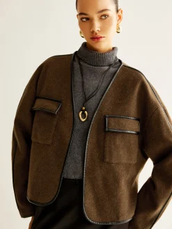 Outlet Leisure Contrast Trim Tweed Coat Outerwear|Coats