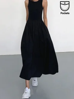 New Leisure Crew Neck Long Dress White Dresses|Black Dresses