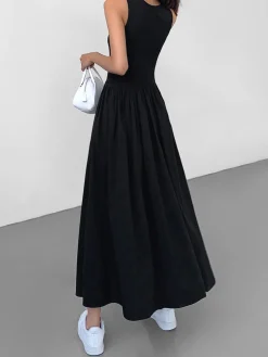 New Leisure Crew Neck Long Dress White Dresses|Black Dresses