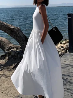 New Leisure Crew Neck Long Dress White Dresses|Black Dresses