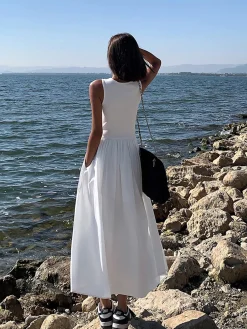 New Leisure Crew Neck Long Dress White Dresses|Black Dresses