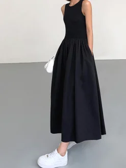 New Leisure Crew Neck Long Dress White Dresses|Black Dresses