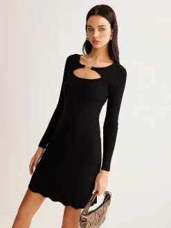Sale Leisure Cutout Metal Decor Sweater Dress Black Dresses|Sweater Dresses