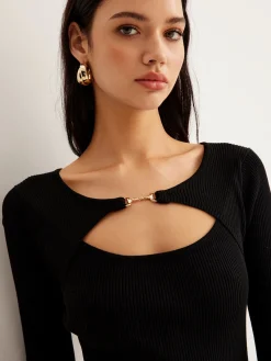 Sale Leisure Cutout Metal Decor Sweater Dress Black Dresses|Sweater Dresses