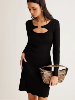 Sale Leisure Cutout Metal Decor Sweater Dress Black Dresses|Sweater Dresses