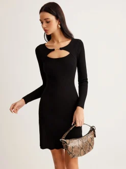 Sale Leisure Cutout Metal Decor Sweater Dress Black Dresses|Sweater Dresses