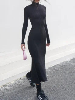 Sale Leisure Mock Neck Long Sleeve Midi Dress Black Dresses|Sweater Dresses
