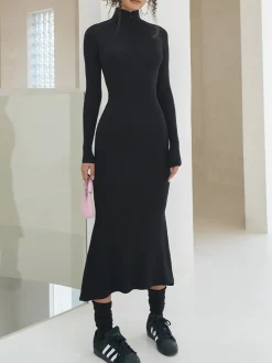 Sale Leisure Mock Neck Long Sleeve Midi Dress Black Dresses|Sweater Dresses