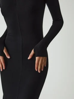 Sale Leisure Mock Neck Long Sleeve Midi Dress Black Dresses|Sweater Dresses