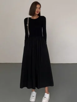 Clearance Leisure Pockets Long Sleeve Long Dress Black Dresses|Casual Dresses