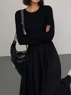 Clearance Leisure Pockets Long Sleeve Long Dress Black Dresses|Casual Dresses