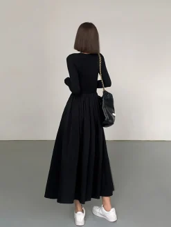 Clearance Leisure Pockets Long Sleeve Long Dress Black Dresses|Casual Dresses