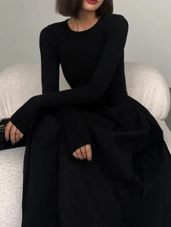 Clearance Leisure Pockets Long Sleeve Long Dress Black Dresses|Casual Dresses