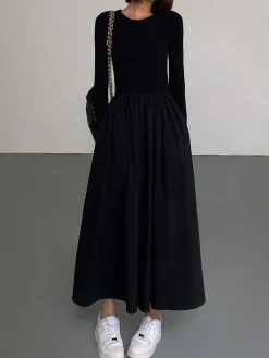 Clearance Leisure Pockets Long Sleeve Long Dress Black Dresses|Casual Dresses