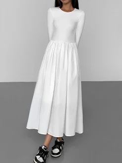 Clearance Leisure Pockets Long Sleeve Long Dress Black Dresses|Casual Dresses