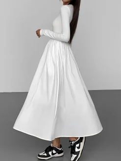 Clearance Leisure Pockets Long Sleeve Long Dress Black Dresses|Casual Dresses
