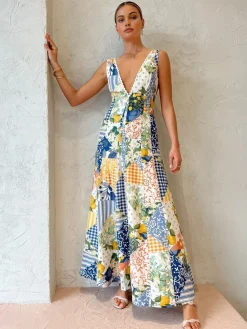 Outlet Lemonade Print Lace Trim Long Dress Casual Dresses|Vacation Dresses