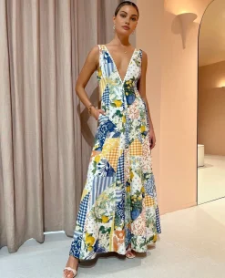 Outlet Lemonade Print Lace Trim Long Dress Casual Dresses|Vacation Dresses