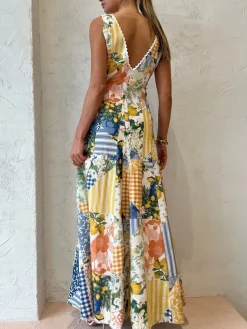 Outlet Lemonade Print Lace Trim Long Dress Casual Dresses|Vacation Dresses
