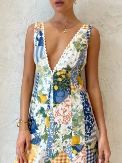 Outlet Lemonade Print Lace Trim Long Dress Casual Dresses|Vacation Dresses