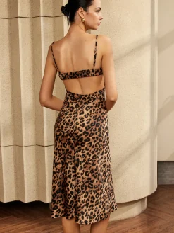 New Leopard Print Backless Cami Midi Dress Summer Dresses|Cocktail & Party Dresses