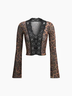 Online Leopard Print Long Sleeve Lace Trim Blouse Blouses & Shirts|Tops