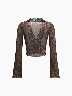 Online Leopard Print Long Sleeve Lace Trim Blouse Blouses & Shirts|Tops