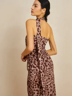 Leopard Print Mesh Halter Midi Dress Casual Dresses|Summer Dresses