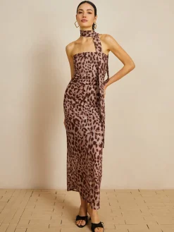 Leopard Print Mesh Halter Midi Dress Casual Dresses|Summer Dresses
