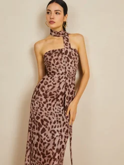 Leopard Print Mesh Halter Midi Dress Casual Dresses|Summer Dresses