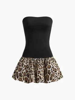 Clearance Leopard Print Paneled Strapless Short Dress Black Dresses|Casual Dresses