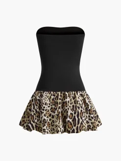 Clearance Leopard Print Paneled Strapless Short Dress Black Dresses|Casual Dresses