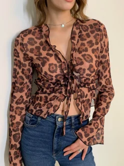 Sale Leopard Print Semi-Sheer Ruffle V-neck Shirt Blouses & Shirts|Tops