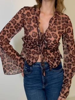 Sale Leopard Print Semi-Sheer Ruffle V-neck Shirt Blouses & Shirts|Tops