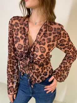 Sale Leopard Print Semi-Sheer Ruffle V-neck Shirt Blouses & Shirts|Tops