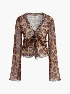 Sale Leopard Print Semi-Sheer Ruffle V-neck Shirt Blouses & Shirts|Tops