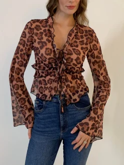 Sale Leopard Print Semi-Sheer Ruffle V-neck Shirt Blouses & Shirts|Tops