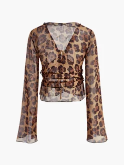 Sale Leopard Print Semi-Sheer Ruffle V-neck Shirt Blouses & Shirts|Tops