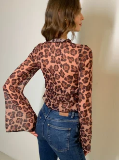 Sale Leopard Print Semi-Sheer Ruffle V-neck Shirt Blouses & Shirts|Tops