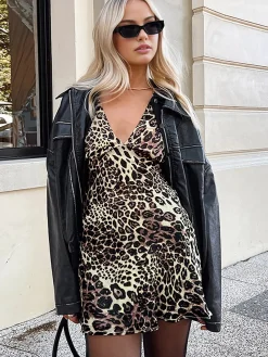 Best Leopard Print V-Neck Sleeveless Dress Dresses