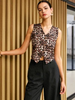 Hot Leopard Print V-Neck Vest Outerwear|Vests