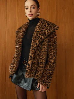 Best Leopard Printed Faux Fur Warm Coat Outerwear|Coats
