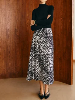 Leopard Printed Midi Skirt Skirts|Bottoms